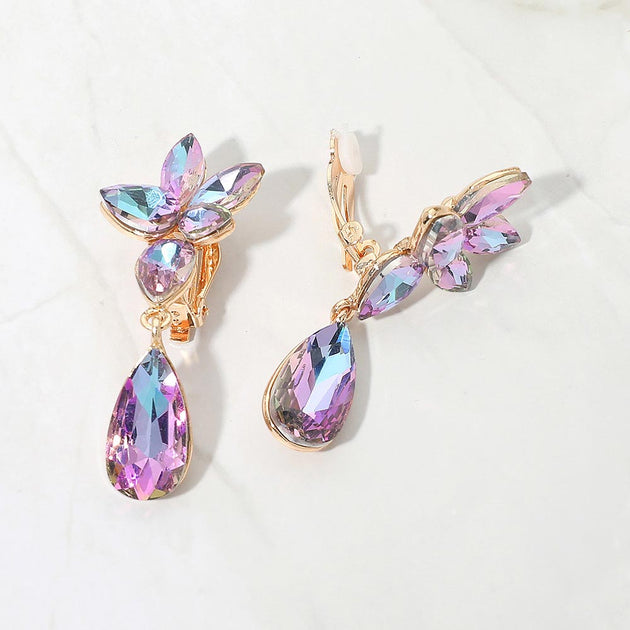 FASHNZFAB Marquise Stone Cluster Floral Teardrop Clip On Earrings Multi 10