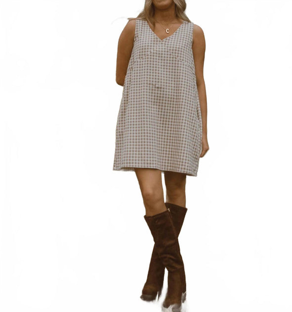 WISHLIST Maple Grove Gingham Mini Dress Beige Large 3