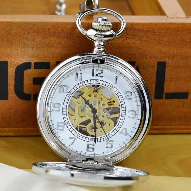 Infinity Antique Brass Silver Alloy Skeleton Half Hunter Pocket Watch Black 4