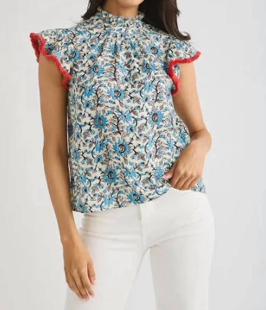 THML Fringe Sleeve High Neck Top Blue Small 2