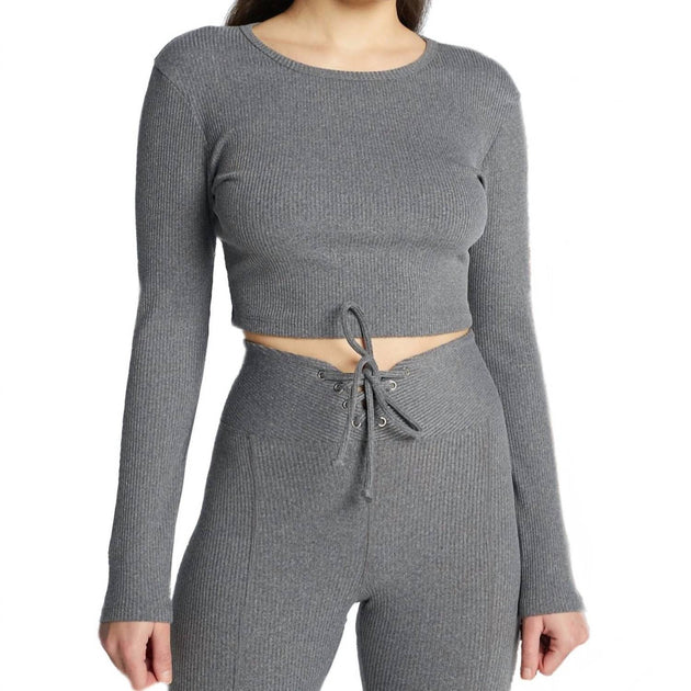 Year of Ours Ribbed Crop Long Sleeve Top Grey Large 2