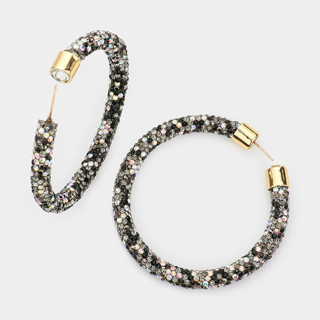 FASHNZFAB Rhinestone Pave Hoop Earrings Black 3