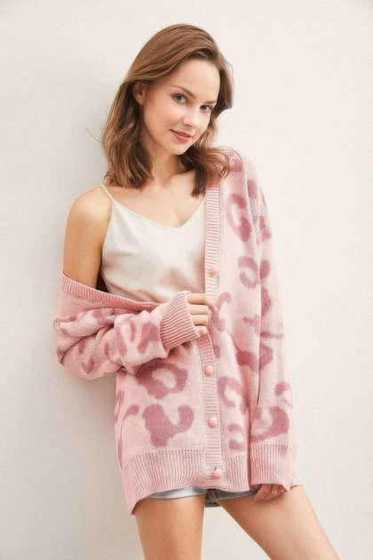 TRUEDAMES Leopard Button Down Cardigan Pink Small 2