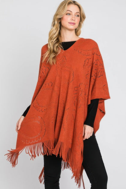 TRUEDAMES Paisley Pattern Fringe Poncho White One Size 5