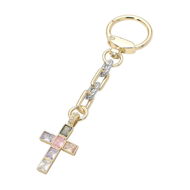 FASHNZFAB Colorful CZ Stone Cross Charm Keychain Silver 3