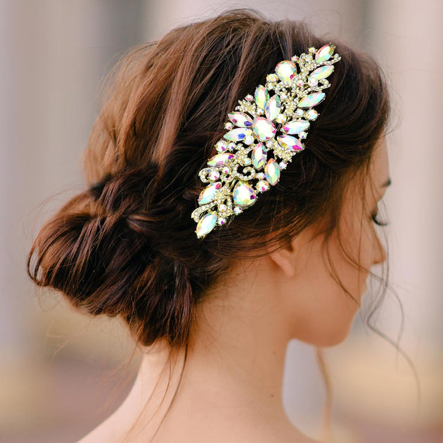 FASHNZFAB Teardrop Marquise Stone Cluster Hair Comb Silver 6