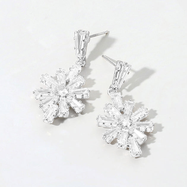 FASHNZFAB Flower CZ Stone Cluster Dangle Earrings Clear Silver 3