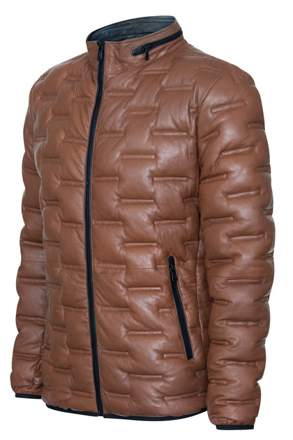 Infinity Recife Men's Puffer Quilted Bomber Leather Jacket Brown XS 4