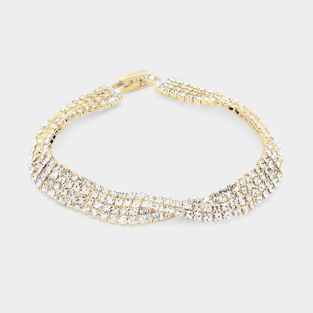 FASHNZFAB Crossed 4-row Crystal Rhinestone Bracelet Clear Gold Silver One Size 2