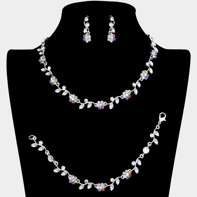 FASHNZFAB Flower Leaf Cluster Rhinestone Jewelry Set Black 5