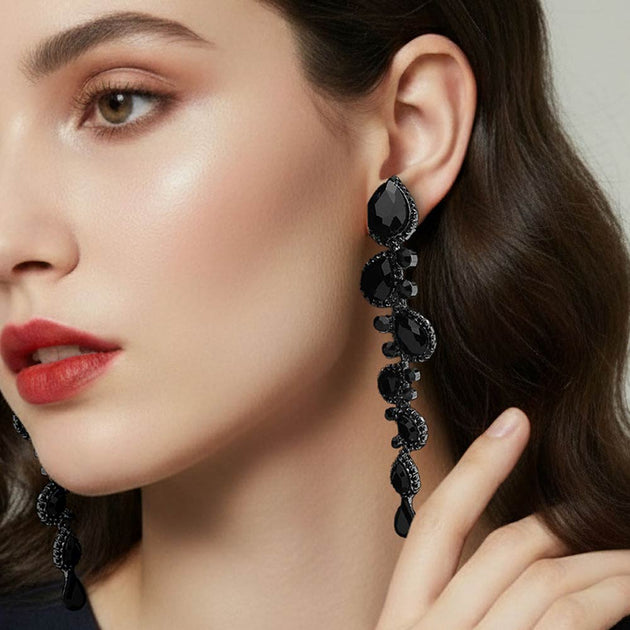FASHNZFAB Teardrop Drop Earrings Jet Black Silver 2