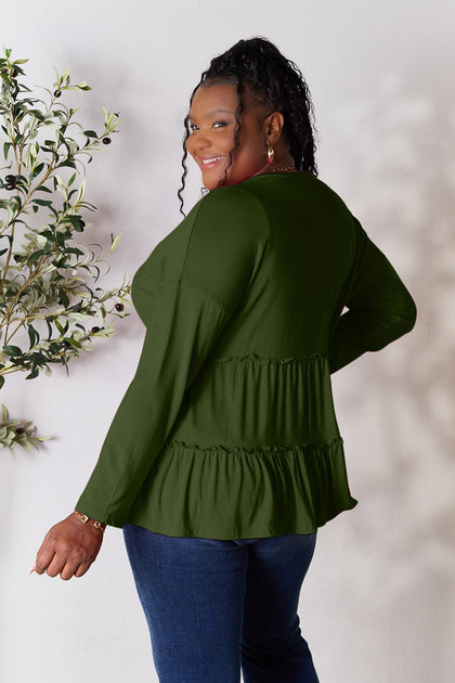 TRUEDAMES Double Take Half Button Long Sleeve Ruffle Hem Blouse Black Medium 4