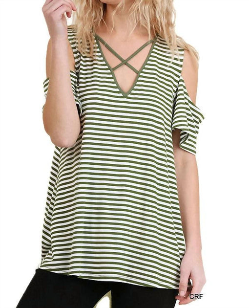 umgee Cold Shoulder Striped Top Green Medium 2