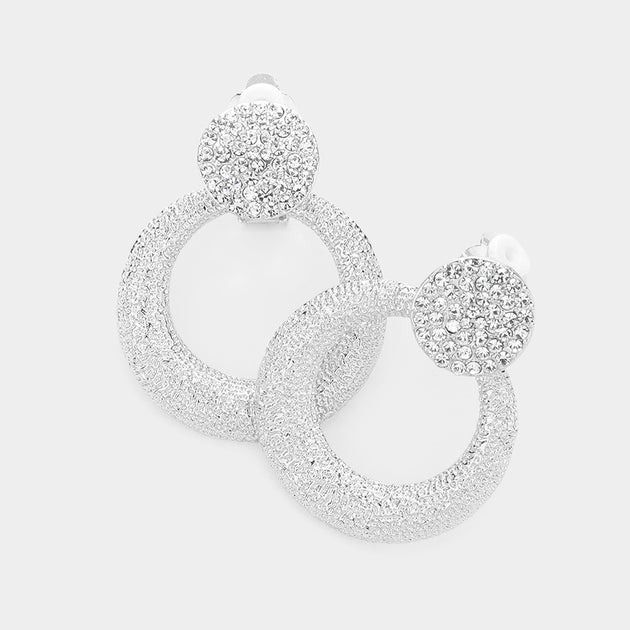 FASHNZFAB Rhinestone Pave Circle Clip On Earrings Silver 3