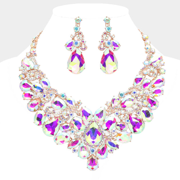 FASHNZFAB Teardrop Stone Embellished Statement Evening Necklace Black 3