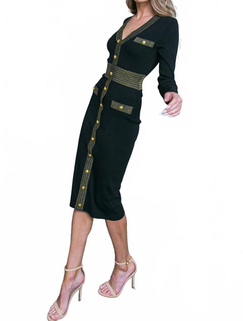 Flying Tomato V-Ausschnitt Strick Midi Kleid Schwarz Large 3