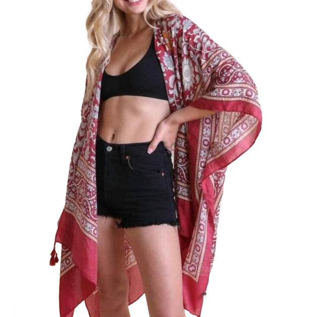 LETO Touch Of Morocco Tapestry Tassel Kimono Wrap Shawl Red One Size 2