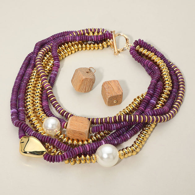 FASHNZFAB Beaded Layered Necklace Purple One Size 2