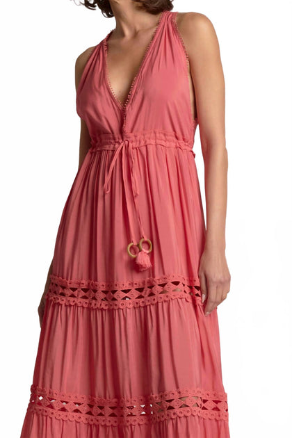 ELAN Sleeveless V-Neck Lace Border Maxi Dress Pink Medium 4