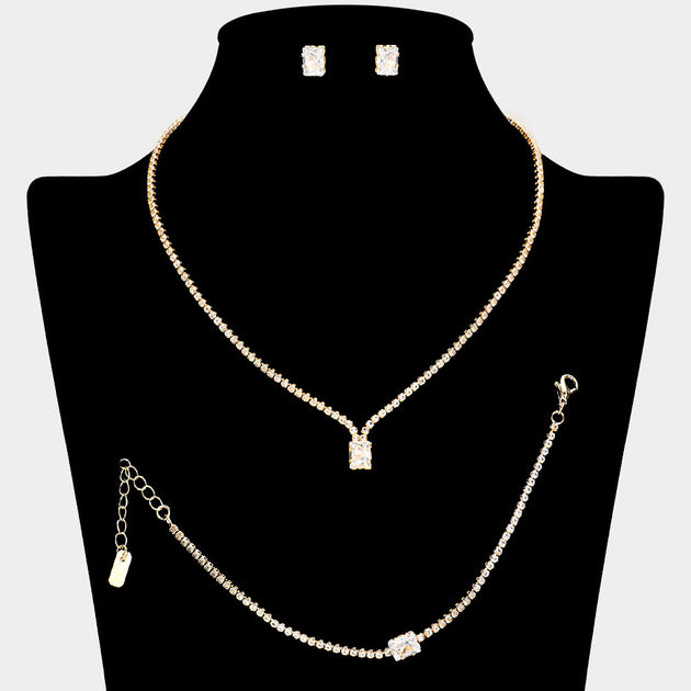 FASHNZFAB Rectangle Stone Rhinestone Necklace Jewelry Set Silver One Size 3