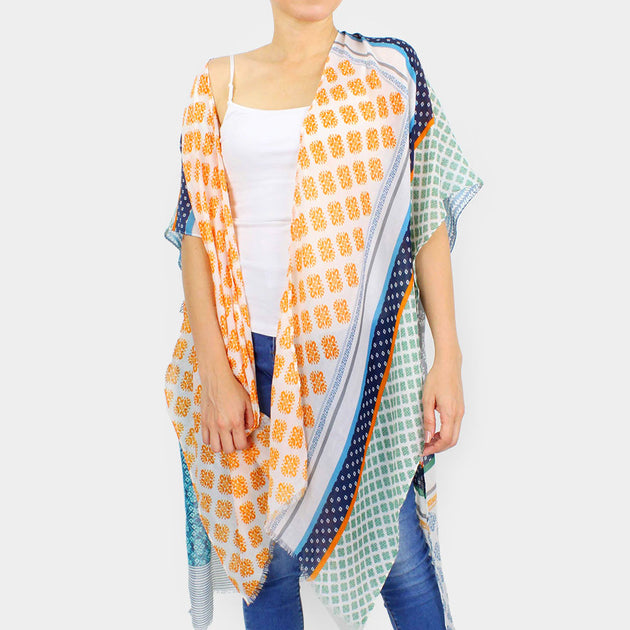 TRUEDAMES Patchwork Printed Cover Up Kimono Poncho Orange One Size 3