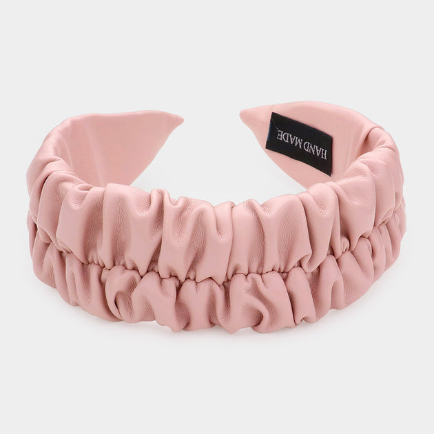 FASHNZFAB Pleated Solid Faux Leather Headband Pink 2