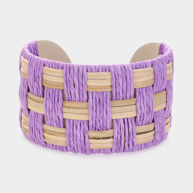FASHNZFAB Raffia Weave Cuff Bracelet Lavender Purple One Size 2