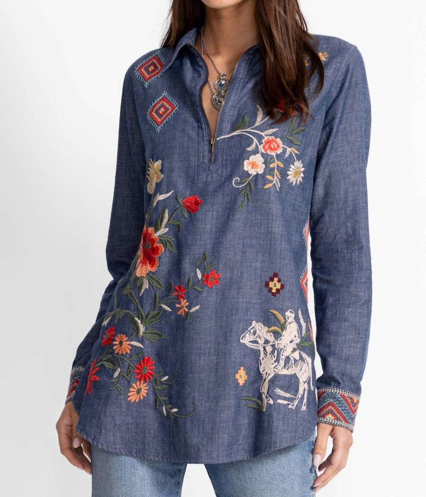 Johnny Was Women's Zip Up Helena Tunic Top In Denim Blu | ShopSimon