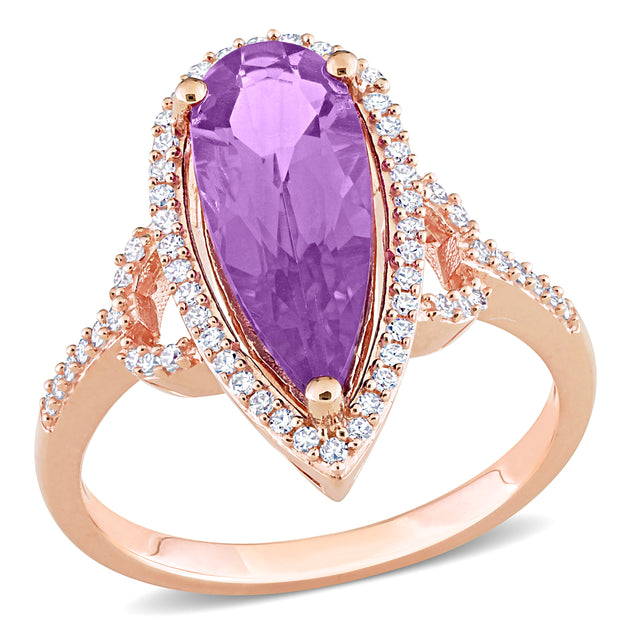 Mimi & Max Pear Shape Amethyst Diamond Halo Ring 14k Rose Gold US 5 2