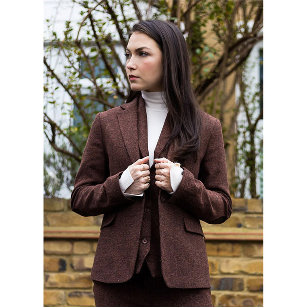 Infinity Women's Herringbone Wool Tweed Blazer Rust Brown US 10 3