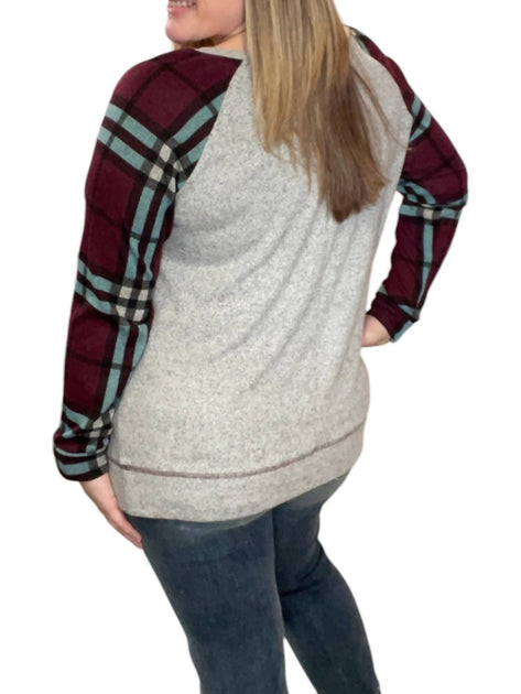honeyme Plaid Long Sleeve Top Grey Small 3
