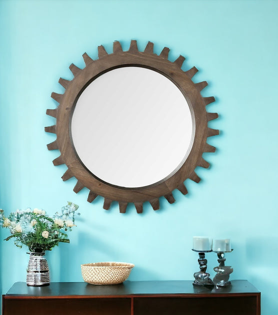 Hivvago 26-inch Round Wood Frame Wall Mirror Brown 2