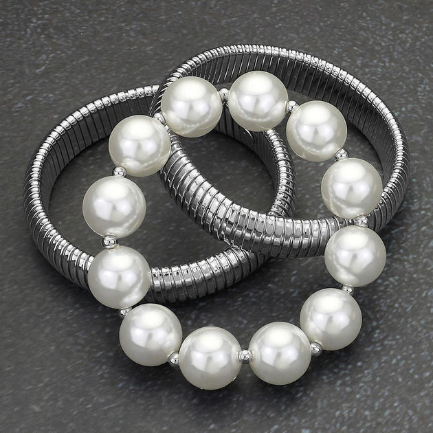 FASHNZFAB Pearl Beaded Snake Stretch Bracelet White Silver One Size 2