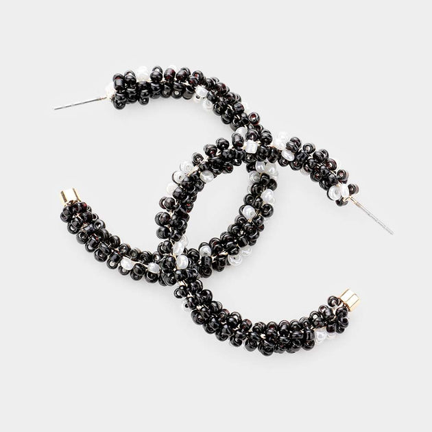 FASHNZFAB Bubble Bead Hoop Earrings Black 3