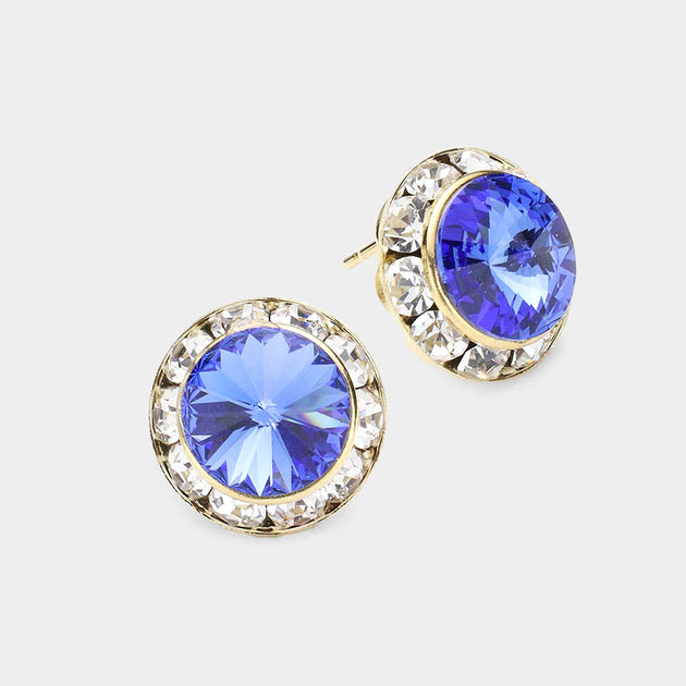 FASHNZFAB Rivoli Cut Genuine Crystal Round Stud Earrings Blue 7
