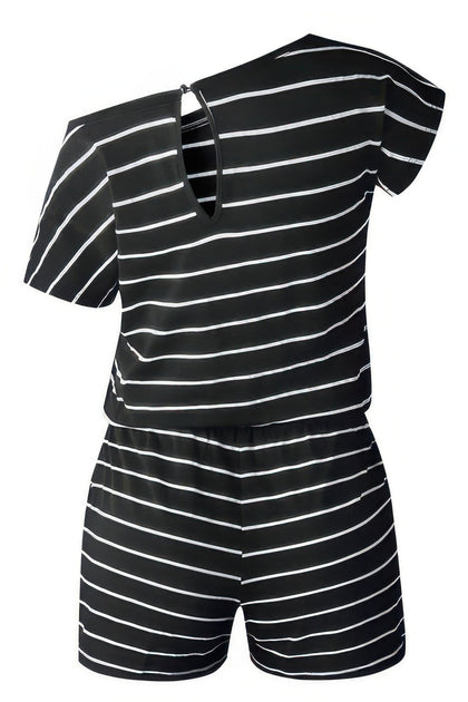 TRUEDAMES Striped Short Sleeve Drawstring Waist Romper Black XLarge 4