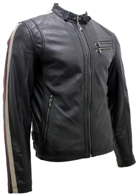 Infinity Mens Cafe Racing Striped Leather Jacket Marseille Black XXL 3