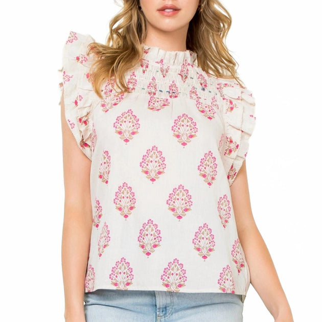 THML Flutter Sleeve Floral Top Weiß Small 2