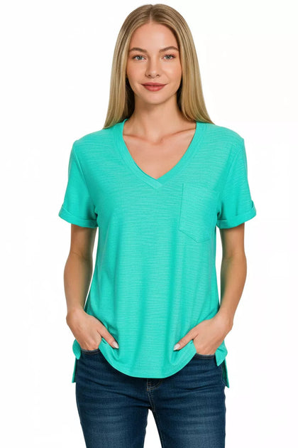 TRUEDAMES Slub Rolled Short Sleeve V-Neck Tee Blue Small 4