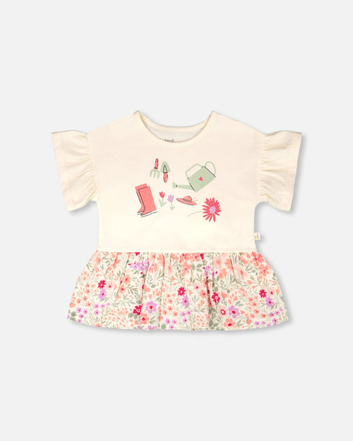 Deux par Deux Bi-Material Tunic Beige Floral Print US 4T 2