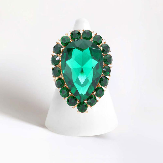FASHNZFAB Crystal Rhinestone Teardrop Stretch Ring Green One Size 6