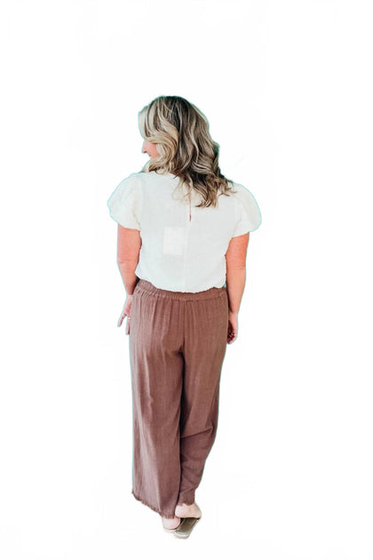 umgee Tabitha Wide Leg Cropped Linen Pants Brown XLarge 3