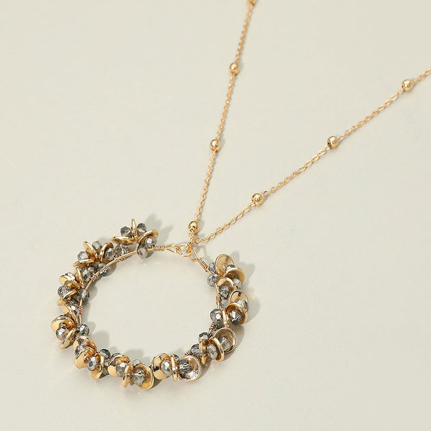 FASHNZFAB Metal Disc Faceted Beaded Open Ring Pendant Long Necklace Black One Size 4