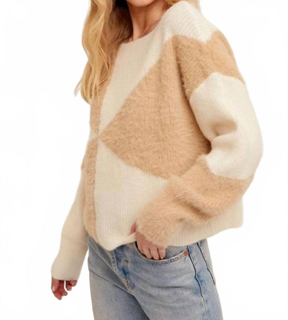Hem & Thread Fuzzy Color Block Sweater Beige Medium 2