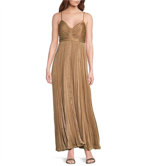 LUCY PARIS Crinkle Metallic Pleated Maxi Dress In Gold