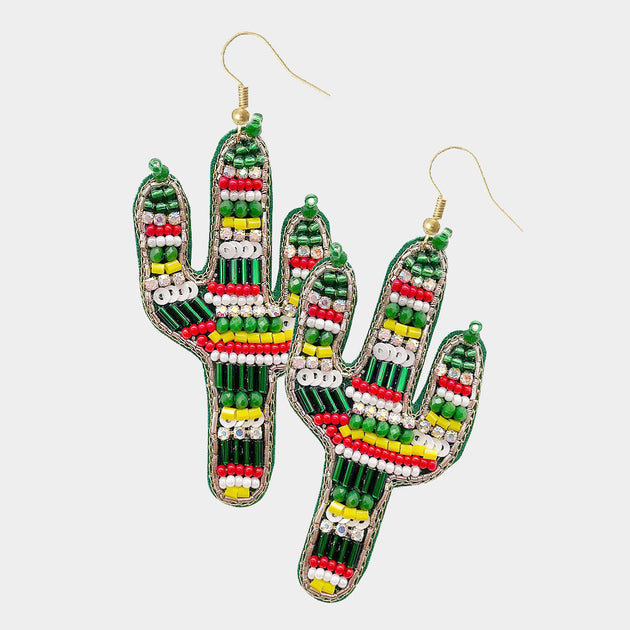 FASHNZFAB Multi Beaded Cactus Dangle Earrings Green 2