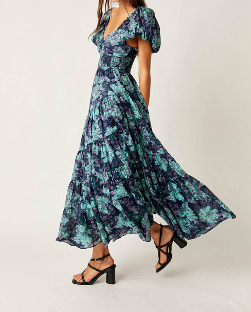 fitted lace wedding dress FREE PEOPLE Floral SUNDRENCHED Short Sleeve Maxi Dress main image 1