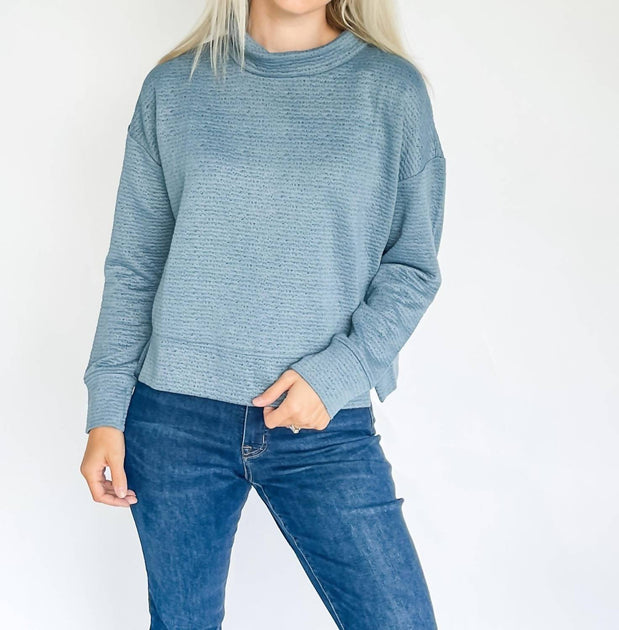 TRIBAL Puckered Knit Funnel Neck Top Blue Small 2