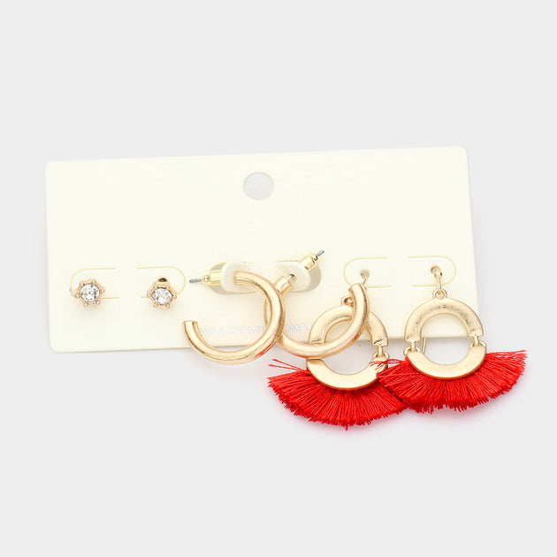 FASHNZFAB Round Stone Metal Hoop Tassel Fringe Earrings Red 3