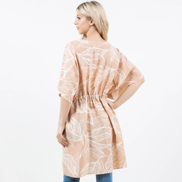 TRUEDAMES Leaf Print Drawstring Kimono Wrap Poncho Beige One Size 4